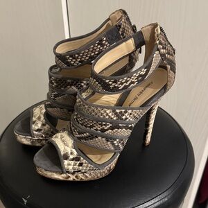 Alexandre Birman Black and Brown Snakeskin Strappy Heel